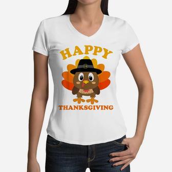 Happy Thanksgiving Shirts For Boys Girls Kids Pilgrim Turkey Women V-Neck T-Shirt | Crazezy UK