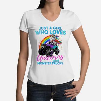 Just A Girl Who Loves Unicorns And Monster Trucks Girls Kids Sweatshirt Women V-Neck T-Shirt | Crazezy