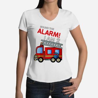 Kids 2Nd Birthday Boys Fire Truck Firefighter Women V-Neck T-Shirt | Crazezy