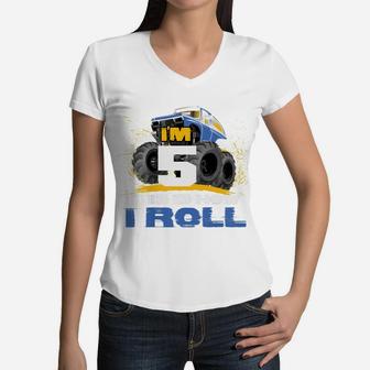 Kids I'm 5 Years Old This Is How I Roll Monster Trucks Women V-Neck T-Shirt | Crazezy CA