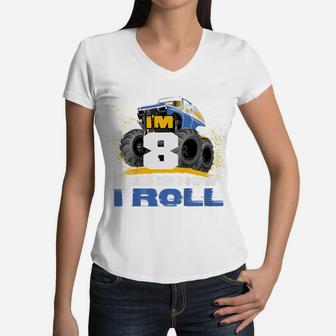 Kids I'm 8 Years Old This Is How I Roll Monster Trucks Women V-Neck T-Shirt | Crazezy CA