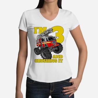Kids Monster Fire Truck 3Rd Birthday Boy Toddler 3 Firefighter Women V-Neck T-Shirt | Crazezy