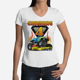 Kids Monster Truck 4 Year Old Shirt 4Th Birthday Boy Monster Car Women V-Neck T-Shirt | Crazezy CA