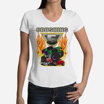 Kids Monster Truck Crushing Being 5 Five Years Old 5Th Birthday Women V-Neck T-Shirt | Crazezy