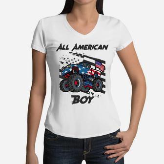 Kids Monster Truck Gift All American USA Flag - Boys 4Th Of July Women V-Neck T-Shirt | Crazezy