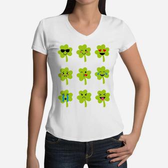 Kids Saint Patricks Day Cute Gift For Baby Boy Shamrock Emoticon Women V-Neck T-Shirt | Crazezy UK