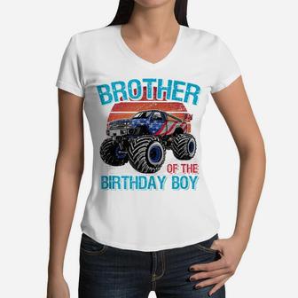 Mens Brother Of The Birthday Boy Monster Truck Birthday Gift Women V-Neck T-Shirt | Crazezy