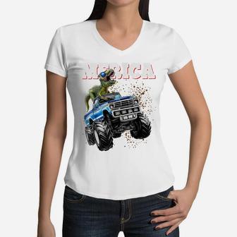 Merica T Rex Dinosaur Monster Truck 4Th Of July Gift Boys Women V-Neck T-Shirt | Crazezy