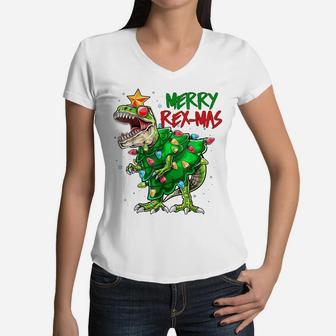 Merry Rex-Mas Funny T-Rex Dinosaur Christmas Gift For Kids Women V-Neck T-Shirt | Crazezy