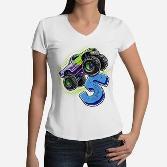 Monster Truck 5Th Birthday Retro Vintage Birthday Boy Gift Women V-Neck T-Shirt | Crazezy