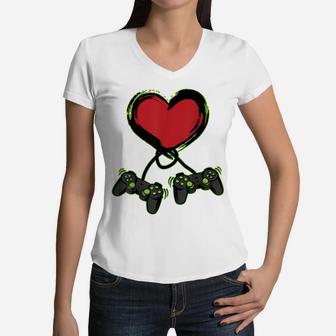 Video Gamer Heart Controller Valentine's Day Shirt Kids Boys Women V-Neck T-Shirt | Crazezy AU