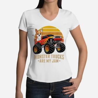 Vintage Monster Truck Corgi Dog Retro Sunset Boys Kids Gift Women V-Neck T-Shirt | Crazezy
