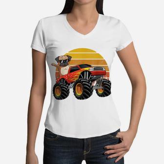 Vintage Monster Truck Pug Dog Retro Sunset Boys Girls Gift Women V-Neck T-Shirt | Crazezy DE