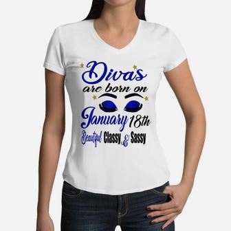 Womens Birthday Divas Are Born On January 18Th Capricorn Girl Women V-Neck T-Shirt | Crazezy AU