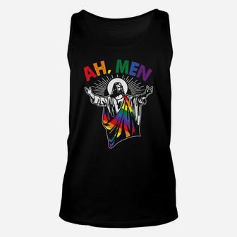 Ah Men Funny Lgbt Gay Pride Jesus Rainbow Flag Christian Unisex Tank Top | Crazezy
