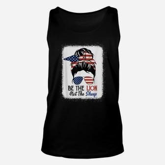 Be The Lion Not The Sheep American Flag Sunglasses Messy Bun Unisex Tank Top | Crazezy