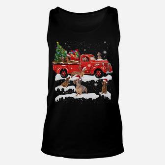 Dachshund Riding Red Truck Merry Christmas X-Mas Ugly Gift Unisex Tank Top | Crazezy