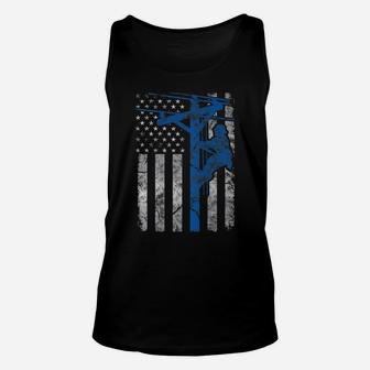 Distressed Patriotic Thin Blue Line Lineman American Flag Unisex Tank Top | Crazezy