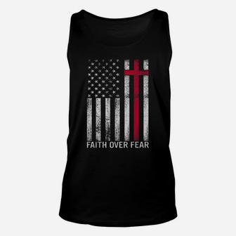 Faith Over Fears Cool Christian Cross American Usa Flag Gym Unisex Tank Top | Crazezy