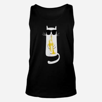 Funny Cat Wearing Sunglasses Playing Trumpet Unisex Tank Top | Crazezy