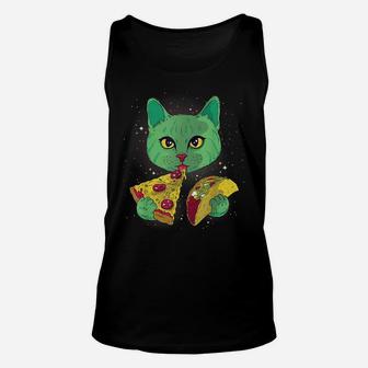 Funny Cosmic Space Green Alien Cat Eating Pizza And Taco Unisex Tank Top | Crazezy