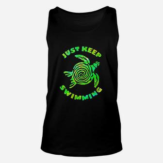 Funny Sea Turtle Just Keep Swimming Ocean Beach Vacation Unisex Tank Top | Crazezy