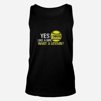 Funny Softball Yes I Throw Like A Girl Want A Lesson Unisex Tank Top | Crazezy