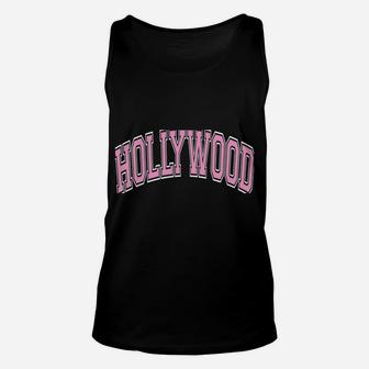 Hollywood California Ca Varsity Style Pink Text Unisex Tank Top | Crazezy