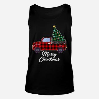 Merry Christmas Tree Buffalo Plaid Red Truck Unisex Tank Top | Crazezy CA