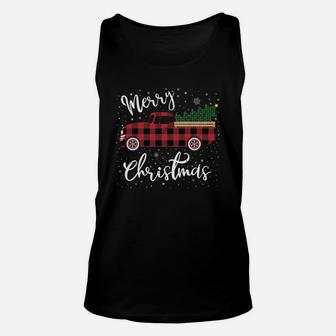 Red Truck Christmas Shirt Buffalo Plaid Merry Christmas Unisex Tank Top | Crazezy