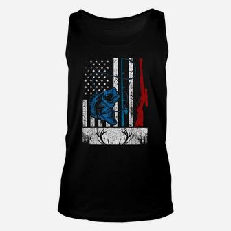 Retro Fishing And Hunting American Flag Deer Fish Lover Gift Unisex Tank Top | Crazezy CA