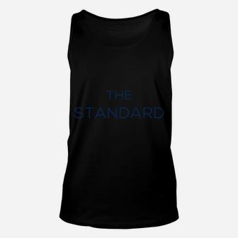 The Standard With Blue Text Unisex Tank Top | Crazezy CA