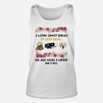 A Women Cannot Survive Beer Alone She Needs Camper And Golden Retriever Dog Unisex Tank Top | Crazezy CA
