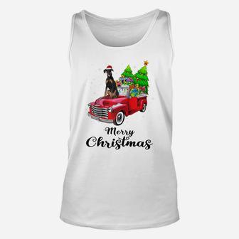 Doberman Pinscher Ride Red Truck Christmas Pajama Raglan Baseball Tee Unisex Tank Top | Crazezy