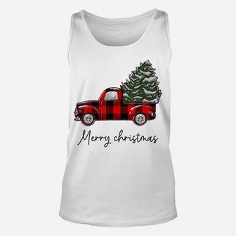 Funny Buffalo Plaid Red Truck Christmas Tree Shirt Unisex Tank Top | Crazezy