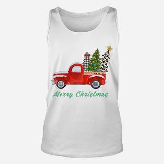 Merry Christmas Leopard Plaid Christmas Tree Shirt Red Truck Unisex Tank Top | Crazezy