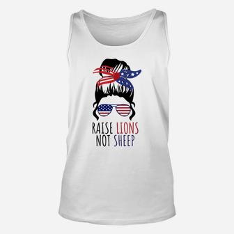 Raise Lions & Not Sheep American Flag Sunglasses Messy Bun Sweatshirt Unisex Tank Top | Crazezy