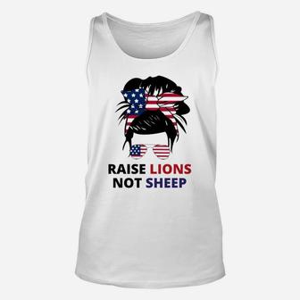 Raise Lions Not Sheep American Flag Sunglasses Messy Bun Sweatshirt Unisex Tank Top | Crazezy
