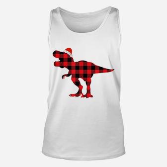 Red Plaid T Rex Santa Hat Christmas Dinosaur Pajamas Adults Unisex Tank Top | Crazezy