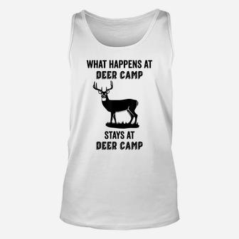 What Happens At Deer Camp Stays At Deer Camp Funny Hunting Unisex Tank Top | Crazezy DE
