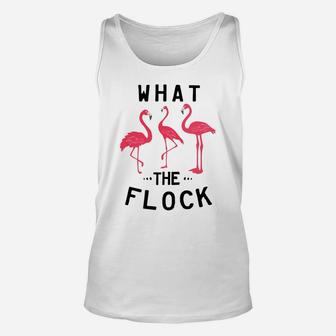 What The Flock Funny Pink Flamingo Beach Puns Gift Unisex Tank Top | Crazezy AU