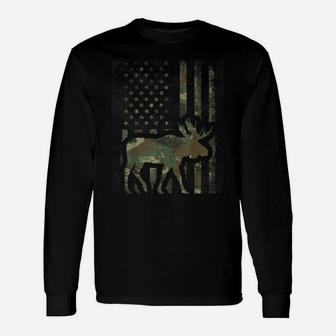 Camo American Flag Moose Hunting Gift For Hunter Moose Lover Unisex Long Sleeve | Crazezy