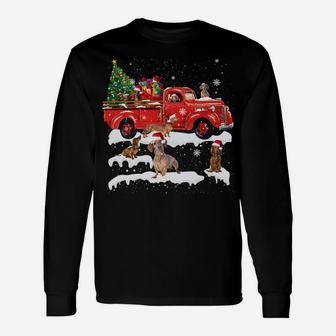 Dachshund Riding Red Truck Merry Christmas X-Mas Ugly Gift Unisex Long Sleeve | Crazezy