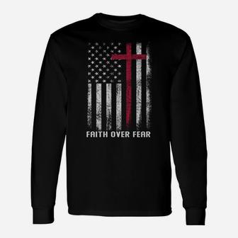 Faith Over Fear Cool Christian Cross American Flag Prayer Sweatshirt Unisex Long Sleeve | Crazezy