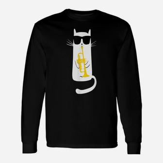 Funny Cat Wearing Sunglasses Playing Trumpet Unisex Long Sleeve | Crazezy