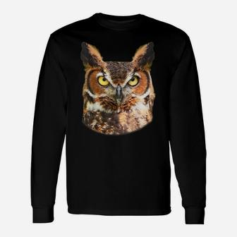 Great Horned Owl Head T-Shirt Owl Lover Tee Unisex Long Sleeve | Crazezy