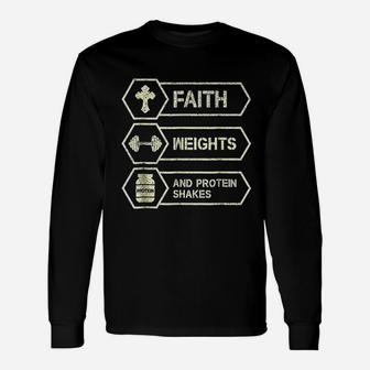 Gym Weight Lifter Faith Protein Shakes Workout Unisex Long Sleeve | Crazezy