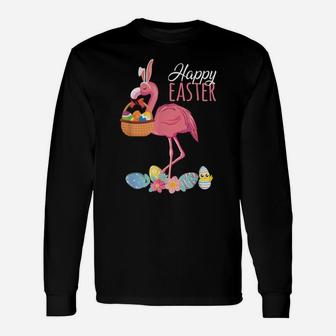 Happy Easter Flamingo With Easter Egg Basket Hunting Unisex Long Sleeve | Crazezy