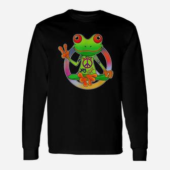 Hippie Frog Peace Sign Yoga Frogs Hippies 70s Unisex Long Sleeve | Crazezy