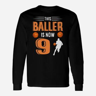 Kids 9th Birthday Basketball Gif This Baller Is Now 9 Unisex Long Sleeve | Crazezy